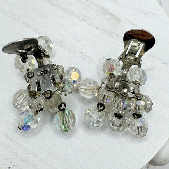 Vintage MCM Aurora Borealis AB Faceted Crytal Cluster Cha Cha Clip On Earrings - Picture 11 of 14